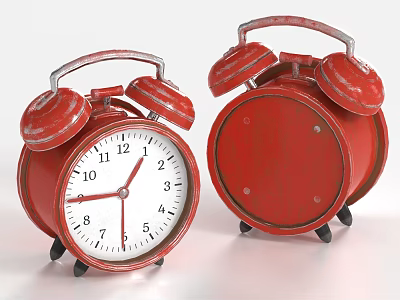 Two Vintage Red Alarm Clocks with Bells White Dial Black Numbers and Small Feet 3d model Two Vintage Red Alarm Clocks with Bells White Dial Black Numbers and Small Feet 3d model