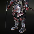 Red Faced Demon Character In Ornate Samurai Armor With Horned Helmet And Metallic Details