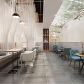 Modern Cafe Interior With White Curtains Pendant Lights Bench Seating Natural Light And Hanging Branches