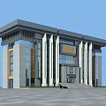 Modern Office Building Exterior With Glass Curtain Walls Stone Facade And Columns