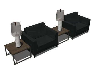 Modern Casual Sofa Set With Black Armchairs Wooden Side Tables And Table Lamps 3d model