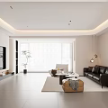 Modern Open Living And Dining Room With Black Sofa Coffee Table And Wall Art