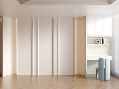 Minimalist Open Space Interior With White Wardrobe Desk Chair And Wooden Floor 3d model