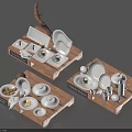 White Tableware Set Arranged On Wooden Trays For Stylish Dining 3d model