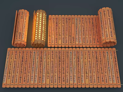Traditional Chinese Bamboo Slips Sculpture Carving With Ancient Characters Neatly Arranged 3d model