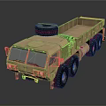 Khaki Military Truck with Six Wheels Open Cargo Bed and Spare Tire on Roof