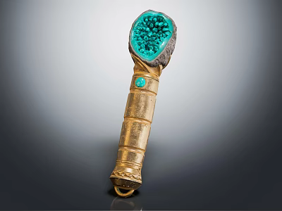 Ornate Golden Decorative Scepter With Green Gemstone Top And Textured Surface 3d model