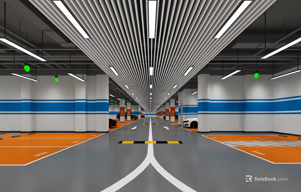 Modern Parking Lot Interior With Gray Floor Orange Sections White Lines And Blue Striped Walls 3d model 