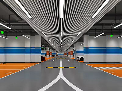 Modern Parking Lot Interior With Gray Floor Orange Sections White Lines And Blue Striped Walls 3d model
