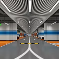 Modern Parking Lot Interior With Gray Floor Orange Sections White Lines And Blue Striped Walls