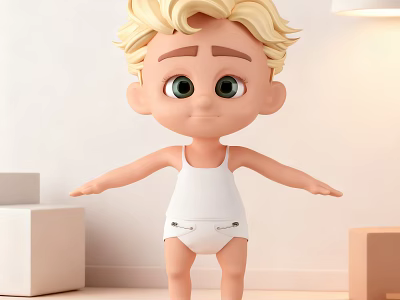 Blonde Man In White Tank Top Standing In Room With White Brown Blocks And Lamp 3d model