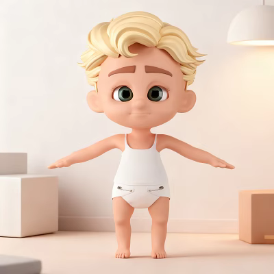 Blonde Man In White Tank Top Standing In Room With White Brown Blocks And Lamp 3d model