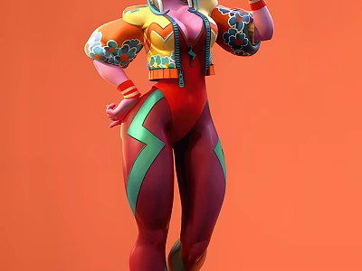 Vibrant Game Movie Character In Orange Yellow Jacket Patterned Sleeves Red Purple Leggings Green Lightning 3d model