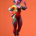 Vibrant Game Movie Character In Orange Yellow Jacket Patterned Sleeves Red Purple Leggings Green Lightning