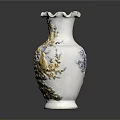 White Ceramic Vase with Peacock and Floral Patterns Golden Blue Accents Ruffled Rim