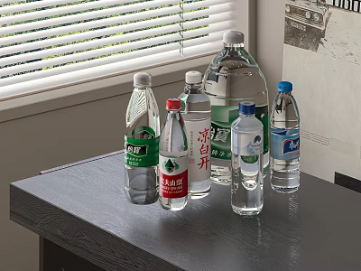 Various Brands of Bottled Water on Table by Window with Transparent Bottles and Colorful Labels 3d model