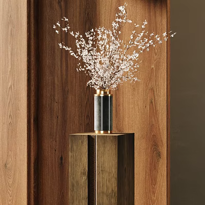 Decorative Vase With Small White Flower Arrangement On Wooden Shelf Against Wooden Wall Interior 3d model
