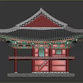 Ancient Traditional Building With Gray Tiled Roof Red Pillars Green Decorations And Stone Platform Base