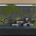Serene Water Fountain With Waterfalls Green Plants Pine Tree Rocks Gray Wall Dark Stone Floor