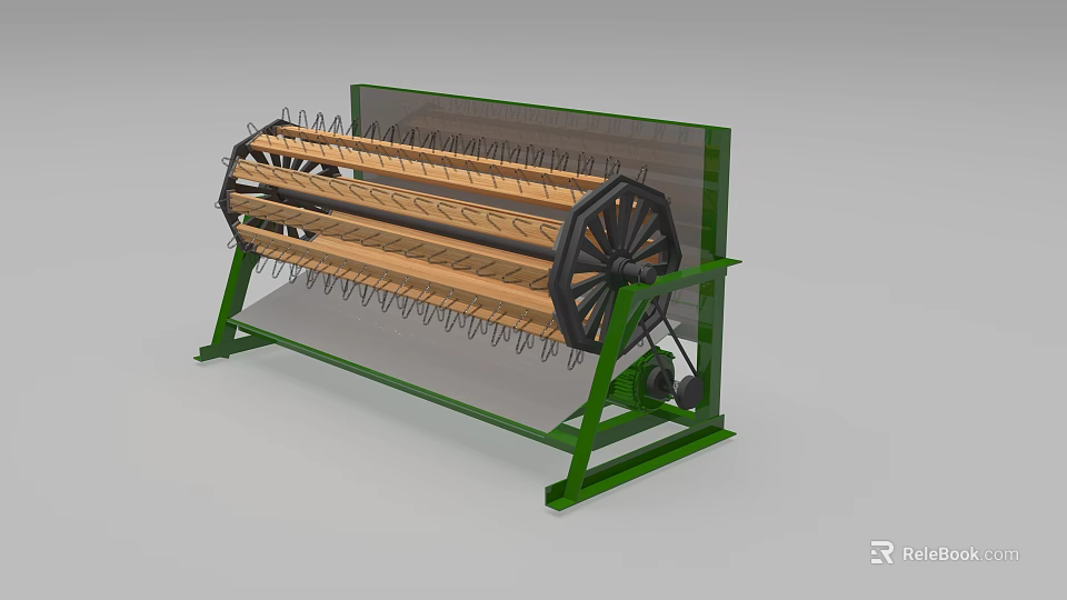 Roller Type Agricultural Equipment with Wooden Drums Green Frame and Metal Base 3d model 