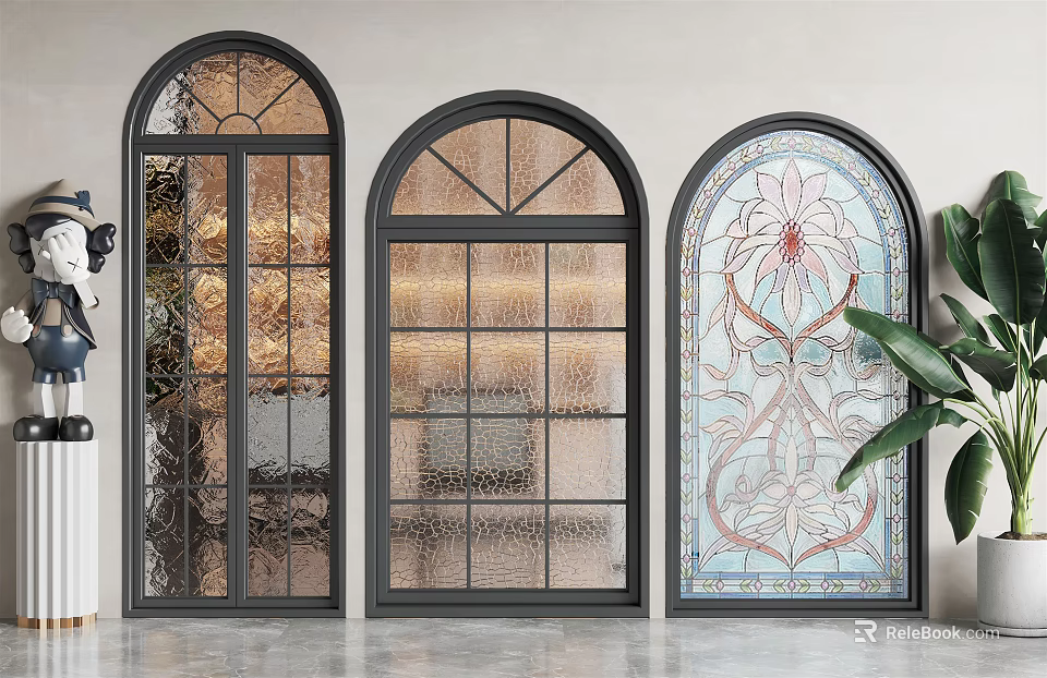 Arched Floor to Ceiling Windows Featuring Stained Glass Lattice Floral Patterns White Background Green Plants 3d model 
