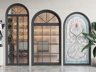 Arched Floor to Ceiling Windows Featuring Stained Glass Lattice Floral Patterns White Background Green Plants 3d model