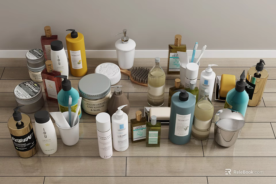 Various Colorful Bathroom Accessories Collection For Daily Use And Home Decor 3d model 
