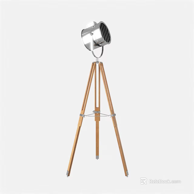 Stylish Floor Lamp With Wooden Tripod Stand And Metal Shade Design 3d model 