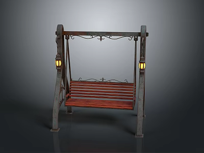 Outdoor Swing Chair With Wooden Slat Seat Metal Frame And Decorative Lanterns On Both Sides 3d model