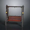 Outdoor Swing Chair With Wooden Slat Seat Metal Frame And Decorative Lanterns On Both Sides