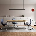 White Office Bookcase With Wooden Table Blue Chairs Hanging Lamp And Red Clock