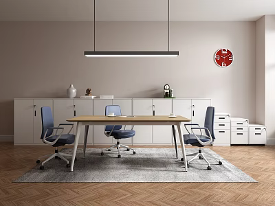 White Office Bookcase With Wooden Table Blue Chairs Hanging Lamp And Red Clock 3d model