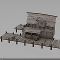 Weathered Rustic Wooden Cabin Exterior With Pier Deck Barrels And Lantern