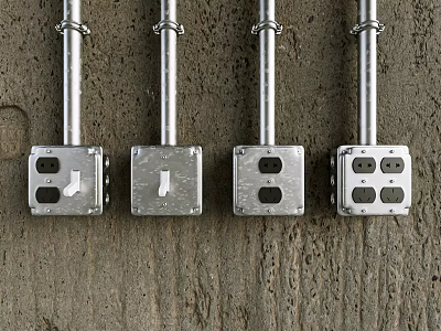 Multiple Metal Switch Panels With Hole Design Mounted On Rough Wall Surface 3d model