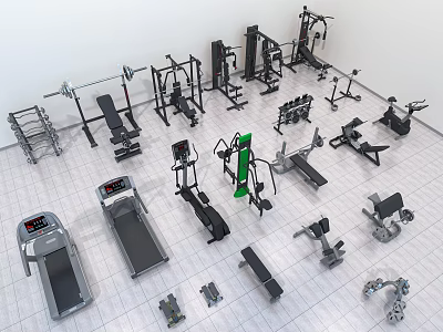 Gym Sports Equipment Collection With Treadmills Dumbbells Weight Benches And Exercise Machines 3d model