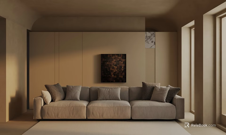 Light Brown Three Seater Sofa With Gray Cushions And Dark Decorative Painting On Beige Wall 3d model 