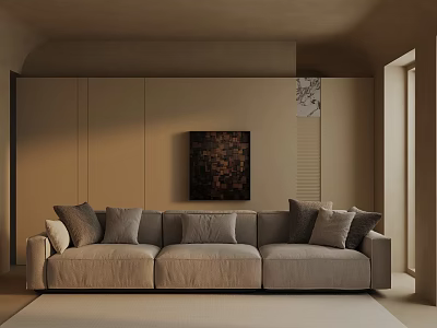 Light Brown Three Seater Sofa With Gray Cushions And Dark Decorative Painting On Beige Wall 3d model