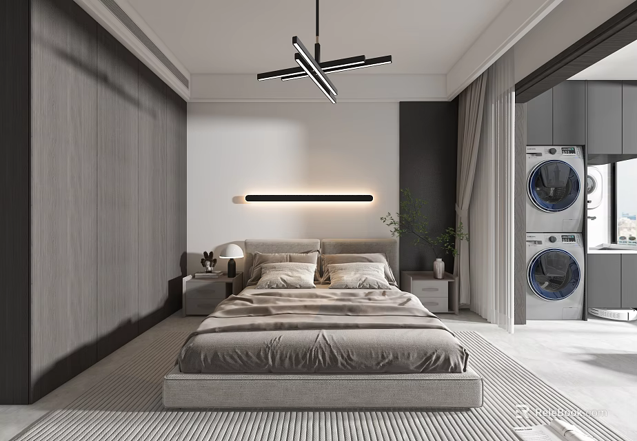Modern Minimalist Bedroom Interior With Cozy Bed Wall Light Ceiling Lamp Curtains And Washing Machines 3d model 