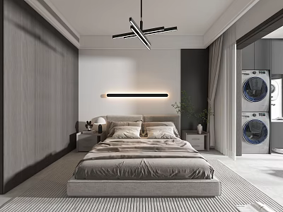Modern Minimalist Bedroom Interior With Cozy Bed Wall Light Ceiling Lamp Curtains And Washing Machines 3d model