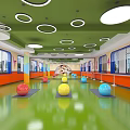 Bright Green Ceiling Fitness Studio With Colorful Balls Yoga Mats And Dance Silhouettes