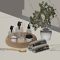 Stylish Bathroom Countertop With Wicker Tray Bath Products And Potted Plant Folded Towels Wooden Spoon
