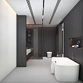 Sleek Modern Bathroom With Black Walls White Bathtub Window Blinds White Vanity And Large Mirror