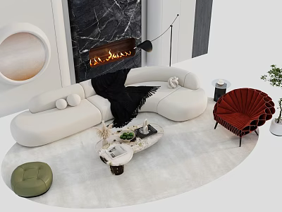 Modern Sofa and Coffee Table Set With White Sofa Red Chair Green Ottoman and Fireplace 3d model