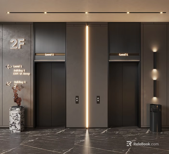Modern Elevator Hallway With 2F Floor Sign Directional Signs Vertical Light Strip And Marble Floor 3d model 
