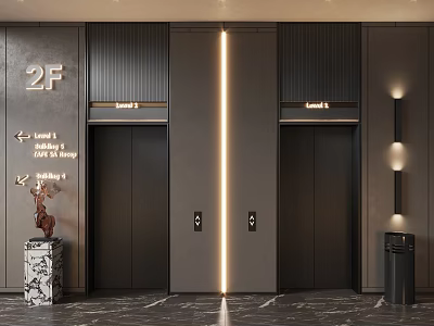 Modern Elevator Hallway With 2F Floor Sign Directional Signs Vertical Light Strip And Marble Floor 3d model