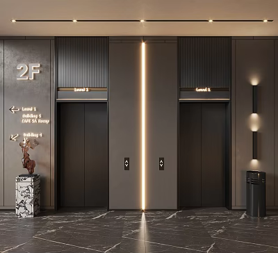 Modern Elevator Hallway With 2F Floor Sign Directional Signs Vertical Light Strip And Marble Floor 3d model