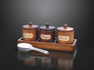 Wooden Spice Jars Set With Thyme Rosemary Laurel Labels And Ceramic Spoon 3d model