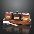 Wooden Spice Jars Set With Thyme Rosemary Laurel Labels And Ceramic Spoon