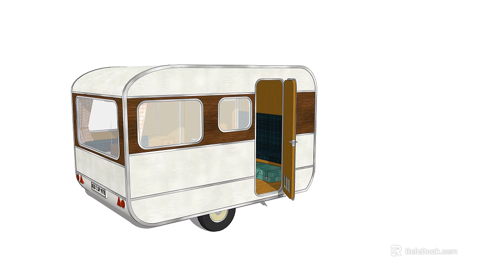 Vintage Retro Caravan With White Brown Exterior Open Door And Windows 3d model 