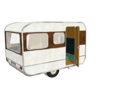 Vintage Retro Caravan With White Brown Exterior Open Door And Windows 3d model